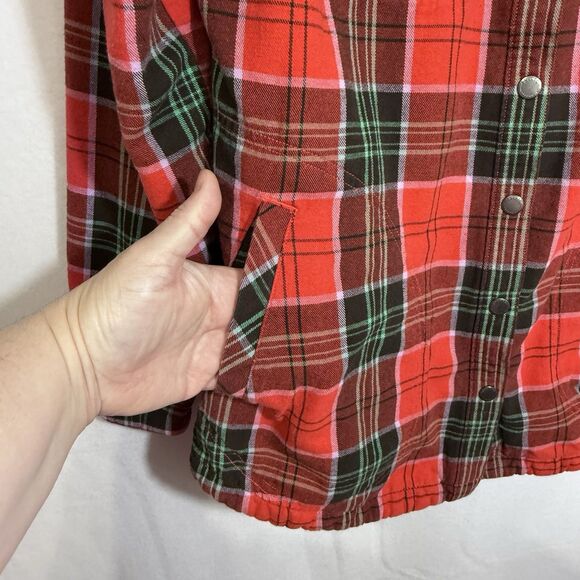 Duluth Free Swingin' Fleece Lined Neon Red Plaid Flannel Shirt Jacket Women's M - Picture 7 of 12